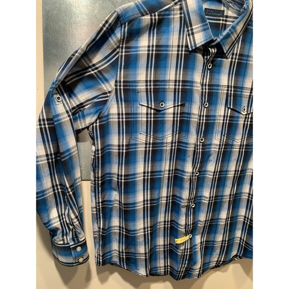 7 DIAMONDS Blue Plaid Button Flap Pocketed Long Roll Tab Sleeves XXL Shirt - Picture 12 of 16